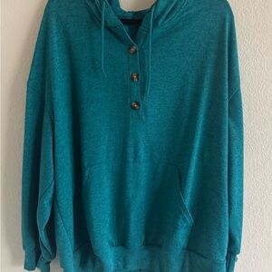 SHEIN Teal Pullover Hoodie with Buttons